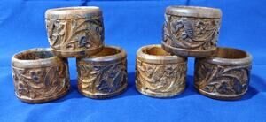 Hand Carved Napkin Rings From India Set of 6 Floral Pattern